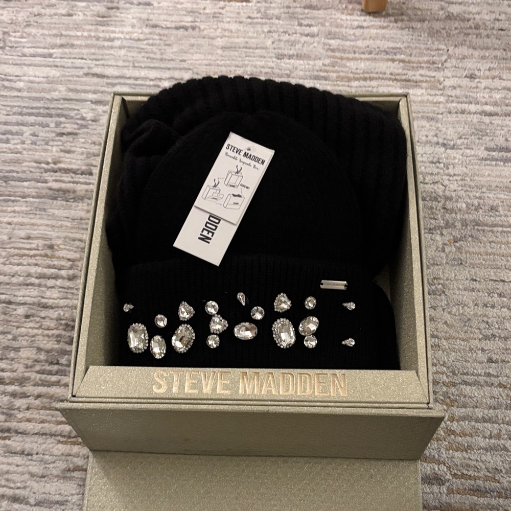 Steve Madden Black Knit Hat with Gem Accents and Scarf in a gift box